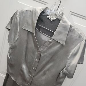 Vintage Junior Shiny 100% Rayon Stylish Gray Silver Skirt Suit by Joule Size 5 6
